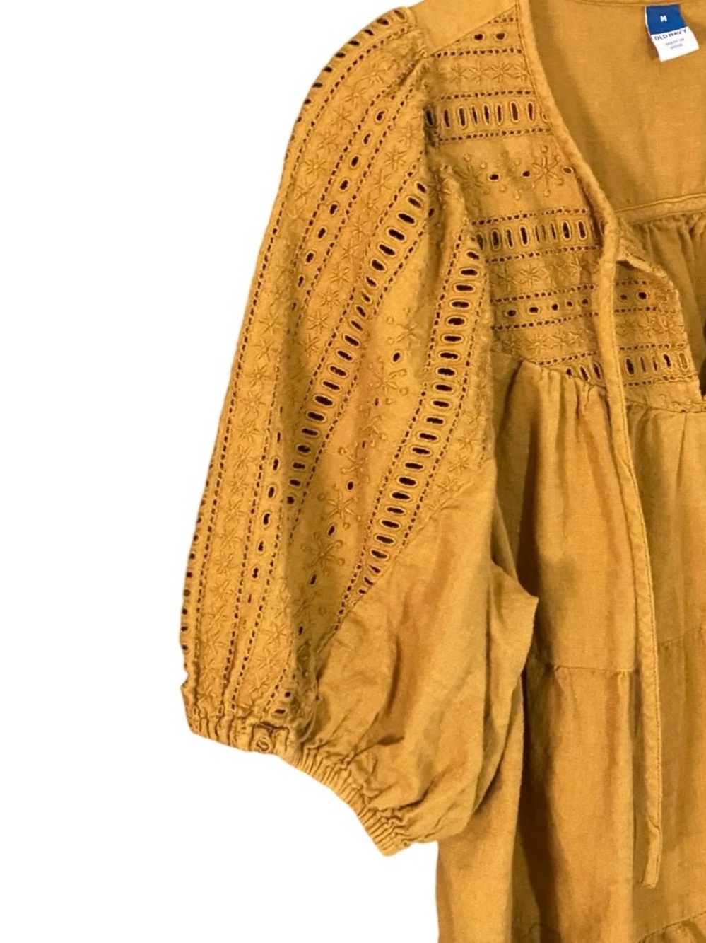 Old Navy Mustard Eyelet Lace Peasant Top M Puff Sleeve Tiered Romantic Boho - Picture 4 of 7